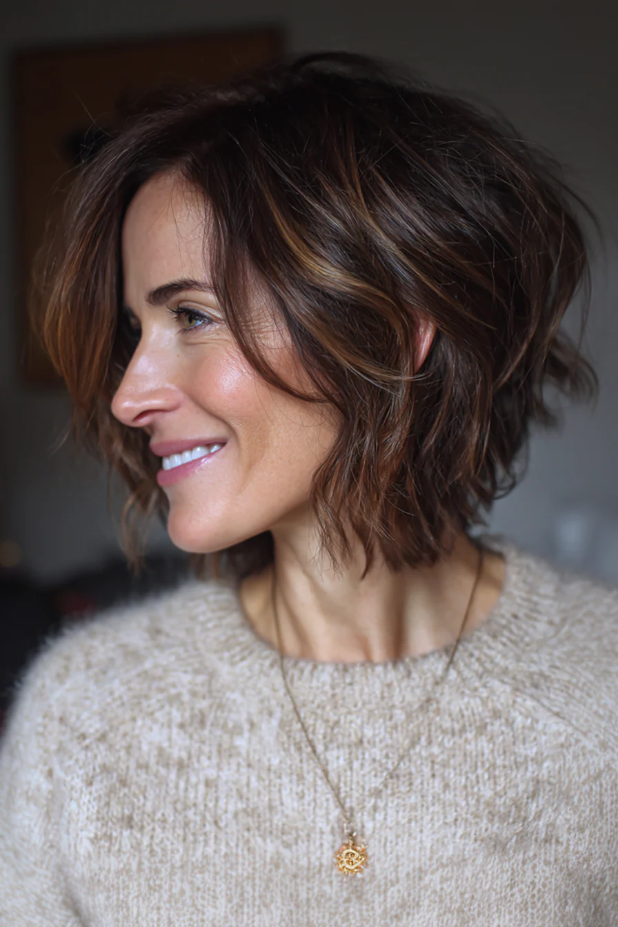 8. Kinnlanger, abgehackter Shag in Kastanienbraun (zottelige Haarschnitte für Frauen über 40) – Zottelige Haarschnitte für Frauen über 40