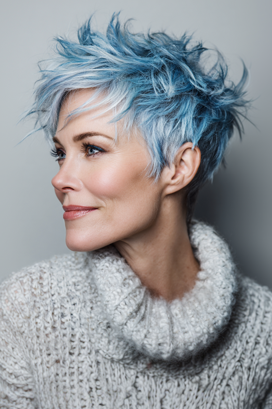 8. Abgehende Pixie mit Saphirtönung (kantige Haarschnitte für Frauen über 50) - kantige Haarschnitte für Frauen über 50