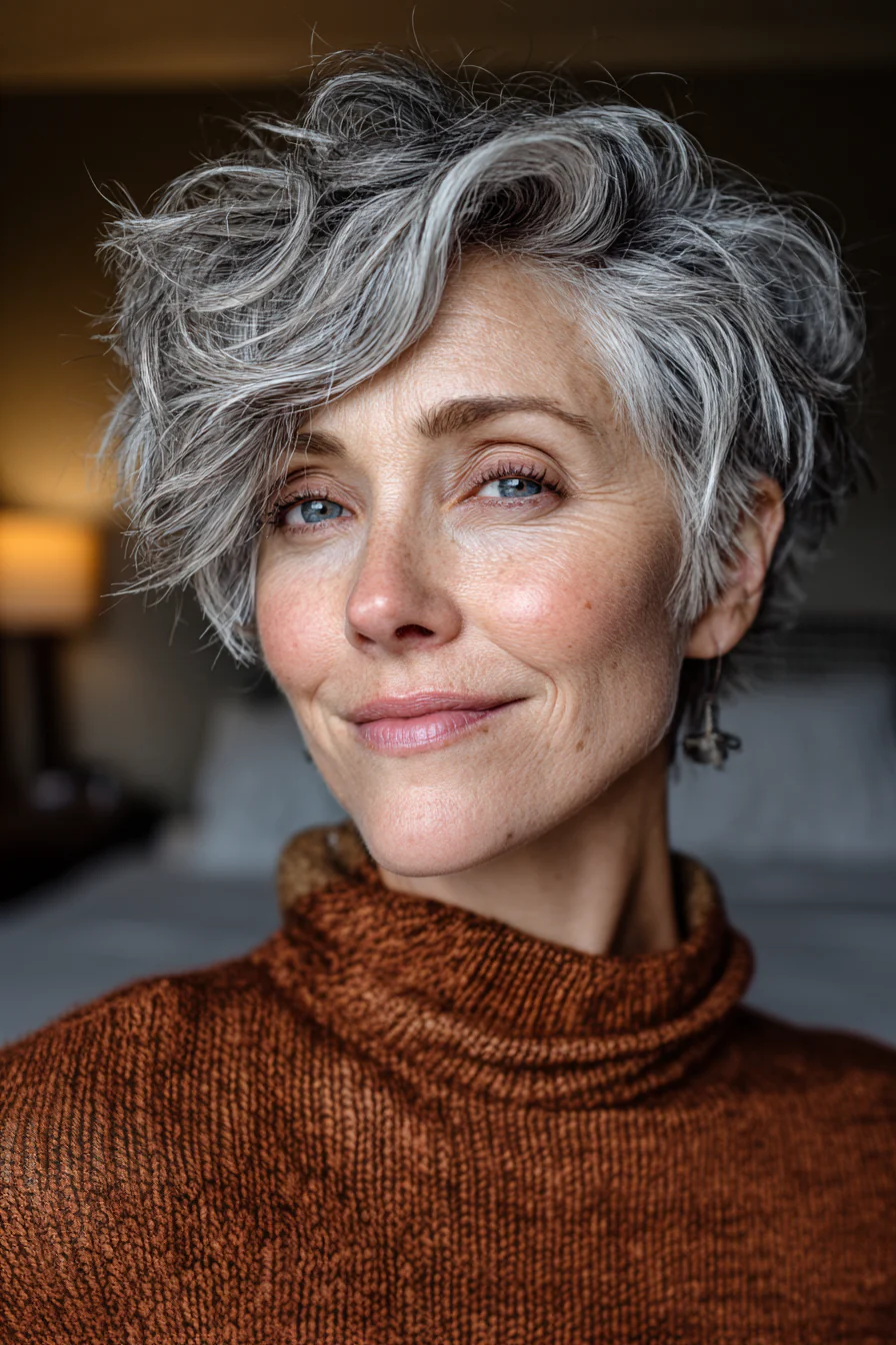 8. Abgehackter gewellter Pixie in Salz und Pfeffer (kurze gewellte Haarschnitte für ältere Frauen) – Kurze gewellte Haarschnitte für ältere Frauen