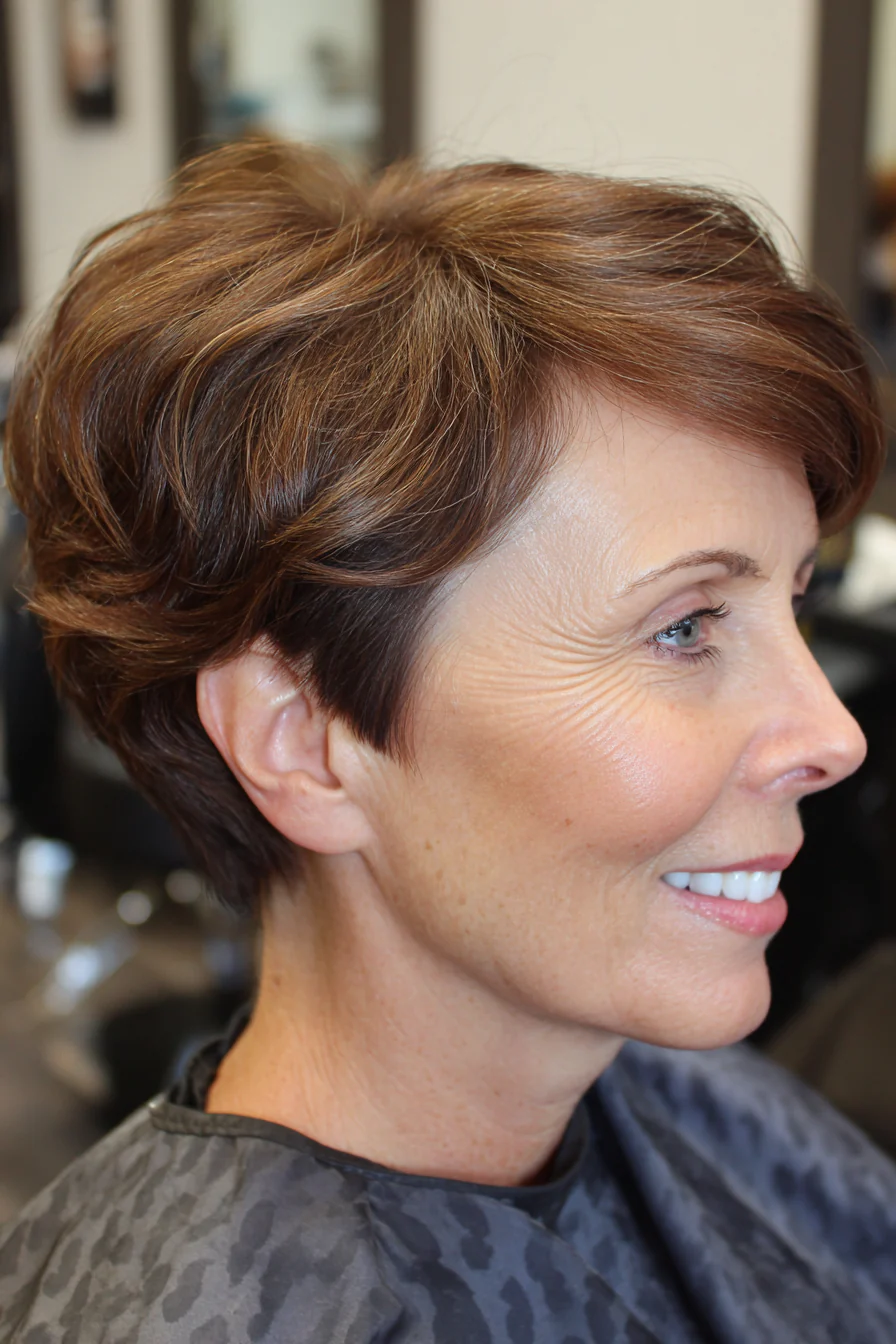 8. Klassischer kastanienbrauner Pixie (Pixie-Frisuren für Frauen über 40) – Pixie-Frisuren für Frauen über 40