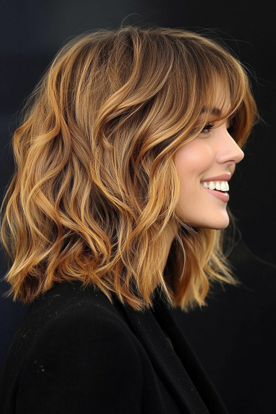 8. Colarbone Shag mit honigbrauner Dimension (Frisuren für mittelgroße wellige Haare) - Frisuren für mittelgroße wellige Haare