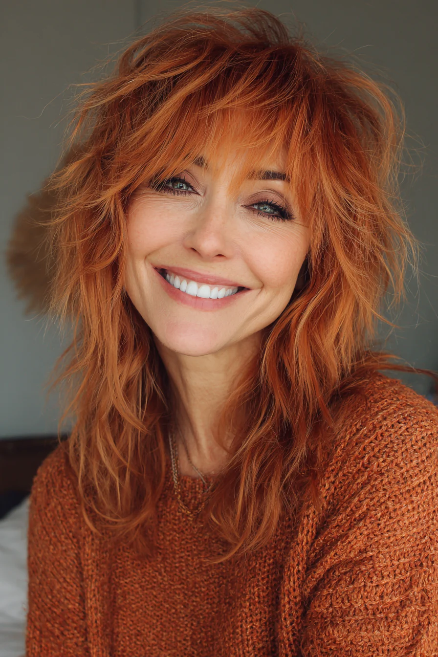 8. Kupferfarbener Razor Shag (lange Shag-Frisuren für ältere Frauen) – Lange Shag-Frisuren für ältere Frauen