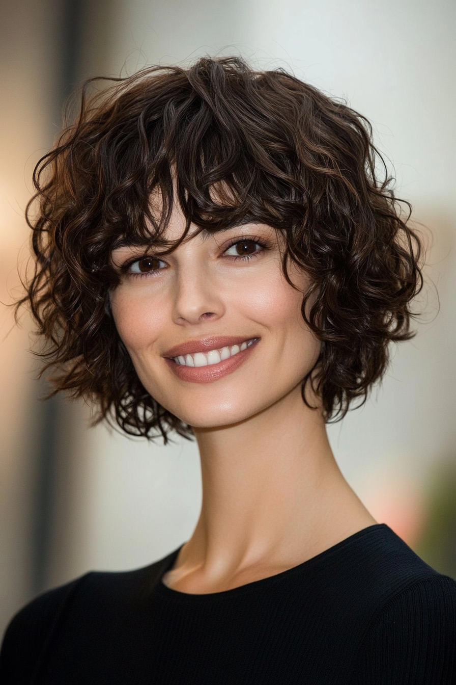 8. Curly Bob mit tiefe brünette Dimension (kurze Haarschnitte mit Vorhang Pony) - kurze Haarschnitte mit Vorhangstücken