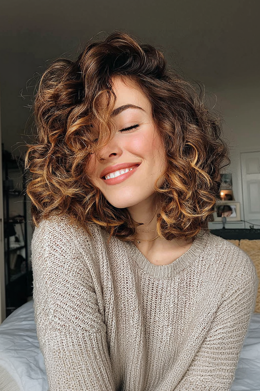 8. Curly Bob mit sonnenverwöhntem Balayage (80er Jahre Frisuren für Frauen) - 80er Jahre Frisuren für Frauen