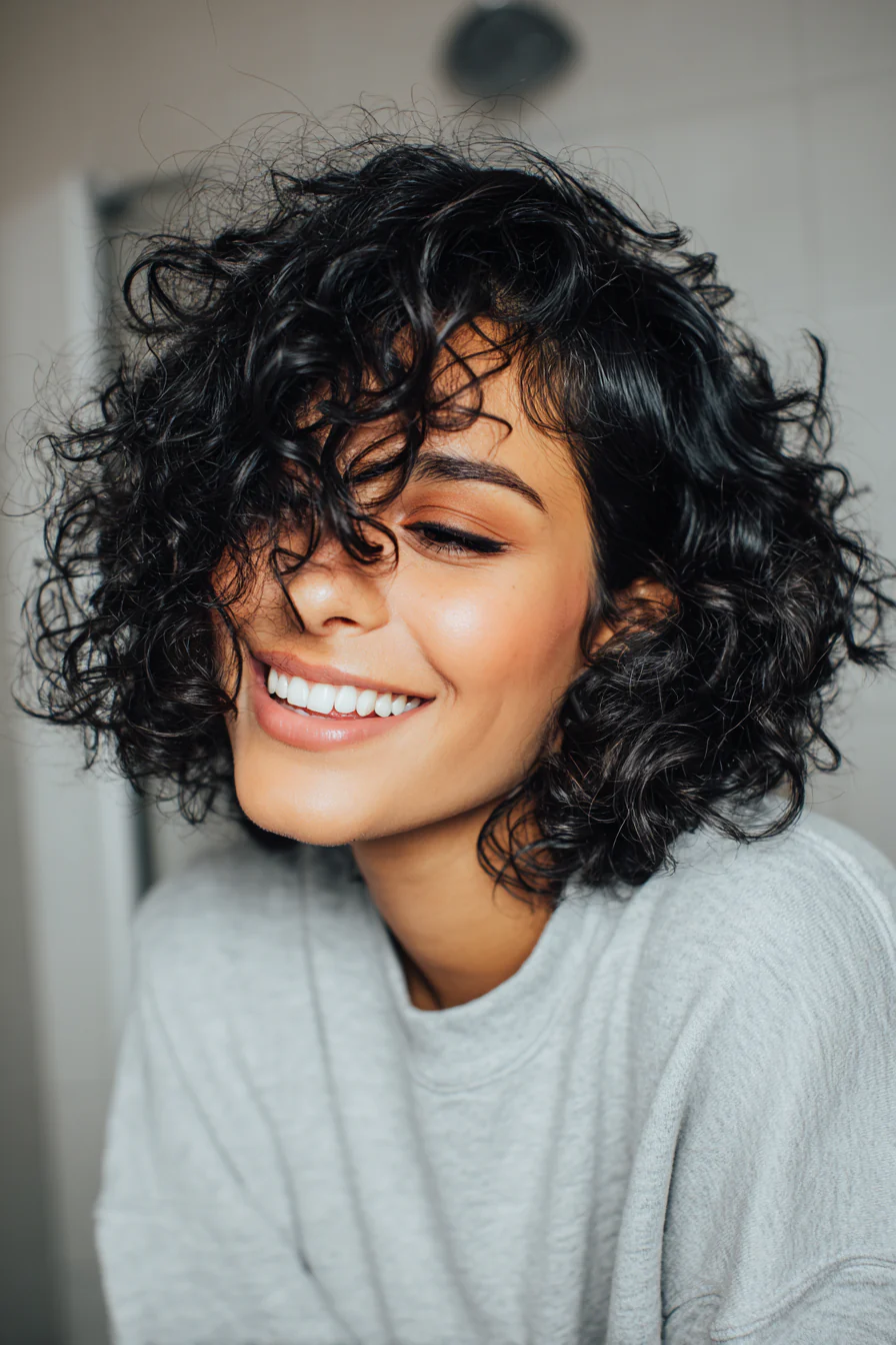 8. Curly Deva-Inspired Lob in Soft Black (Mittellange Haarschnitte für lockiges Haar) – Mittellange Haarschnitte für lockiges Haar