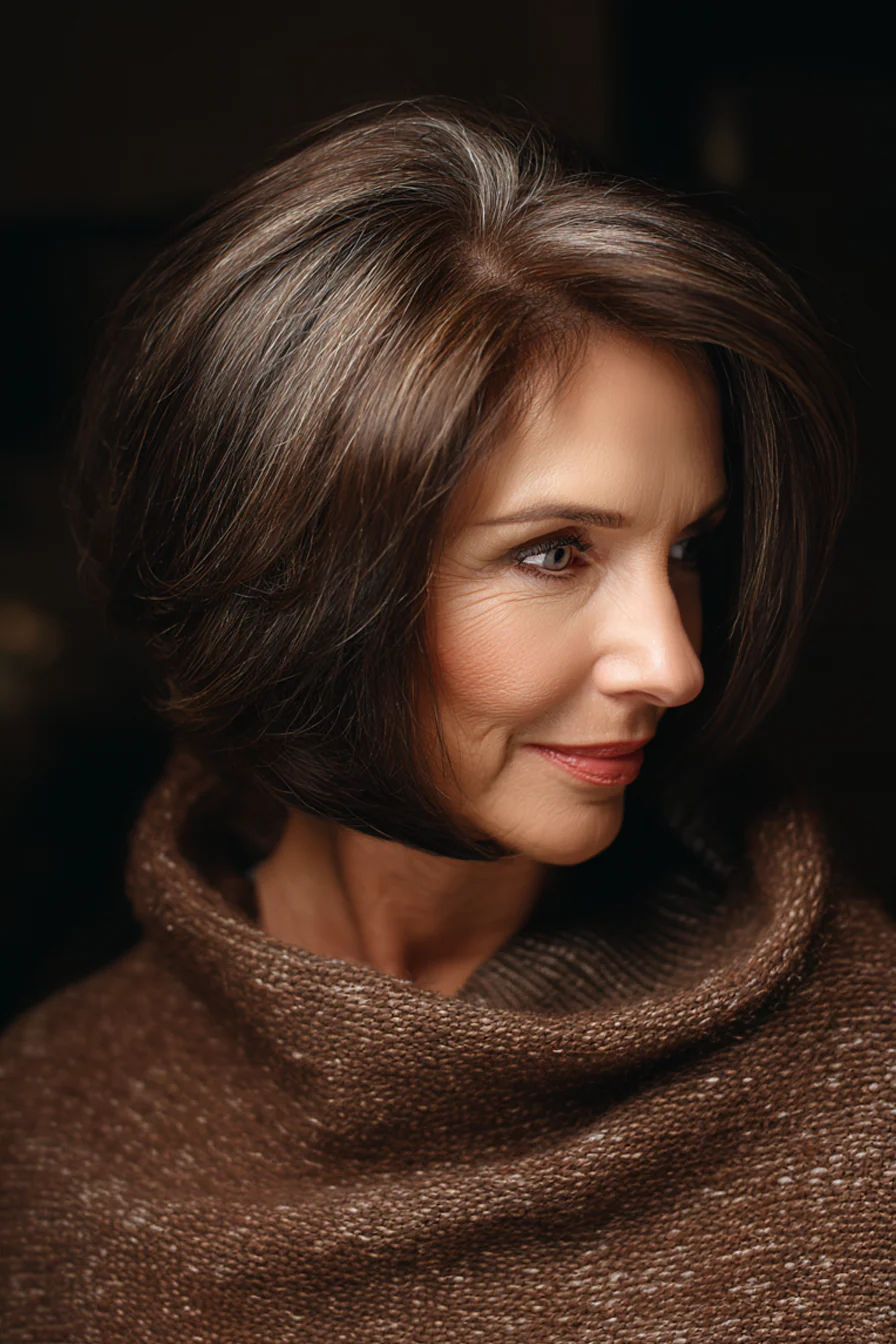 8. Geschwungener Unterlappen in Schokoladenmokka (kurze mittellange Frisuren für Frauen über 50) – Kurze mittellange Frisuren für Frauen über 50