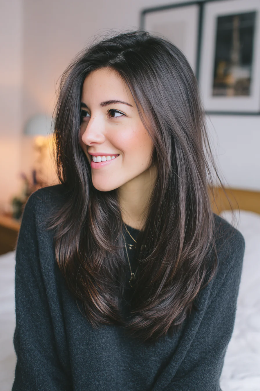 8. Dunkelbrauner langer U-Schnitt mit dezenten Stufen (Stufenfrisuren für dünnes Haar) – Stufenfrisuren für dünnes Haar