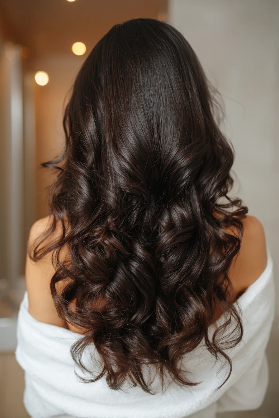 8. Dunkle Schokoladen-Strandwellen (lange gewellte Frisuren) – Lange gewellte Frisuren