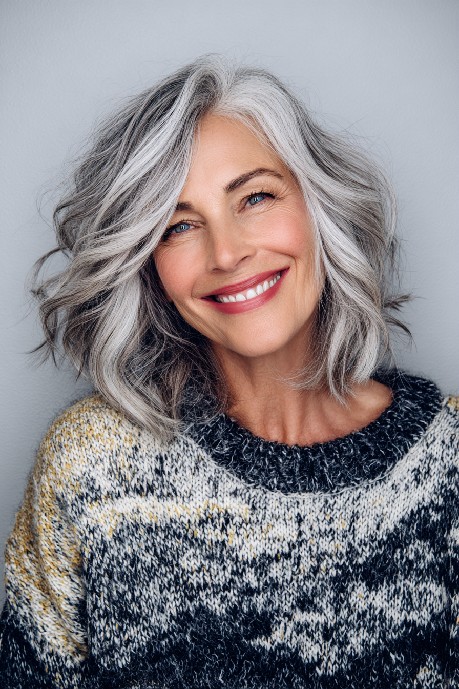 8. Federned Lob mit weißen Highlights (Frisuren für ältere Frauen mit welligem Haar) - Frisuren für ältere Frauen mit welligem Haar