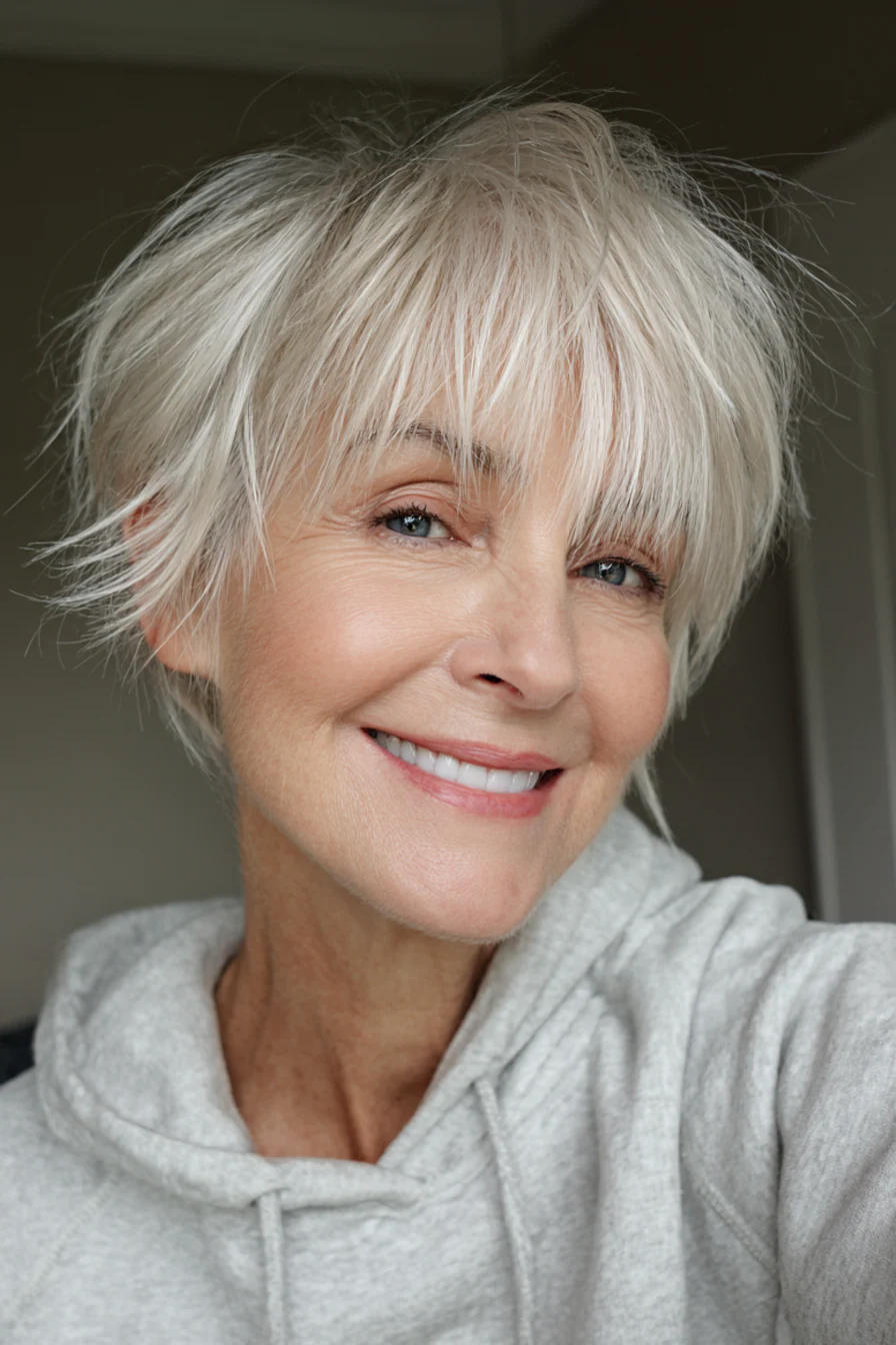 8. Feathered Platinum Shag Crop (kurze zottelige Frisuren für ältere Frauen) – Kurze zottelige Frisuren für ältere Frauen