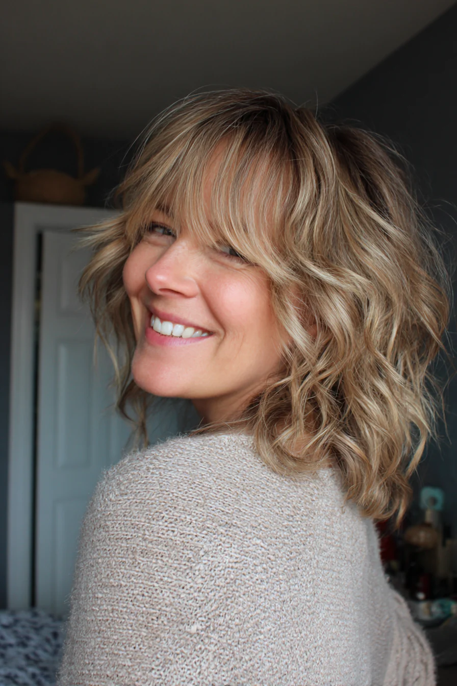 8. Gefiederte Wellen mit Pony (Sandblond) (Kurze gewellte Frisuren für Frauen über 40) – Kurze gewellte Frisuren für Frauen über 40