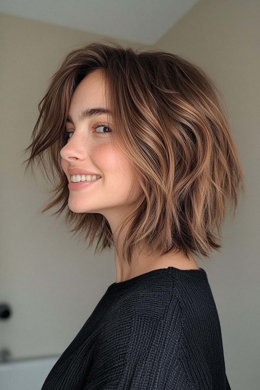 8. Haselnuss, abgehacktes Shag (zottelige Haarschnitte für dickes Haar) - Shaggy -Haarschnitte für dickes Haar