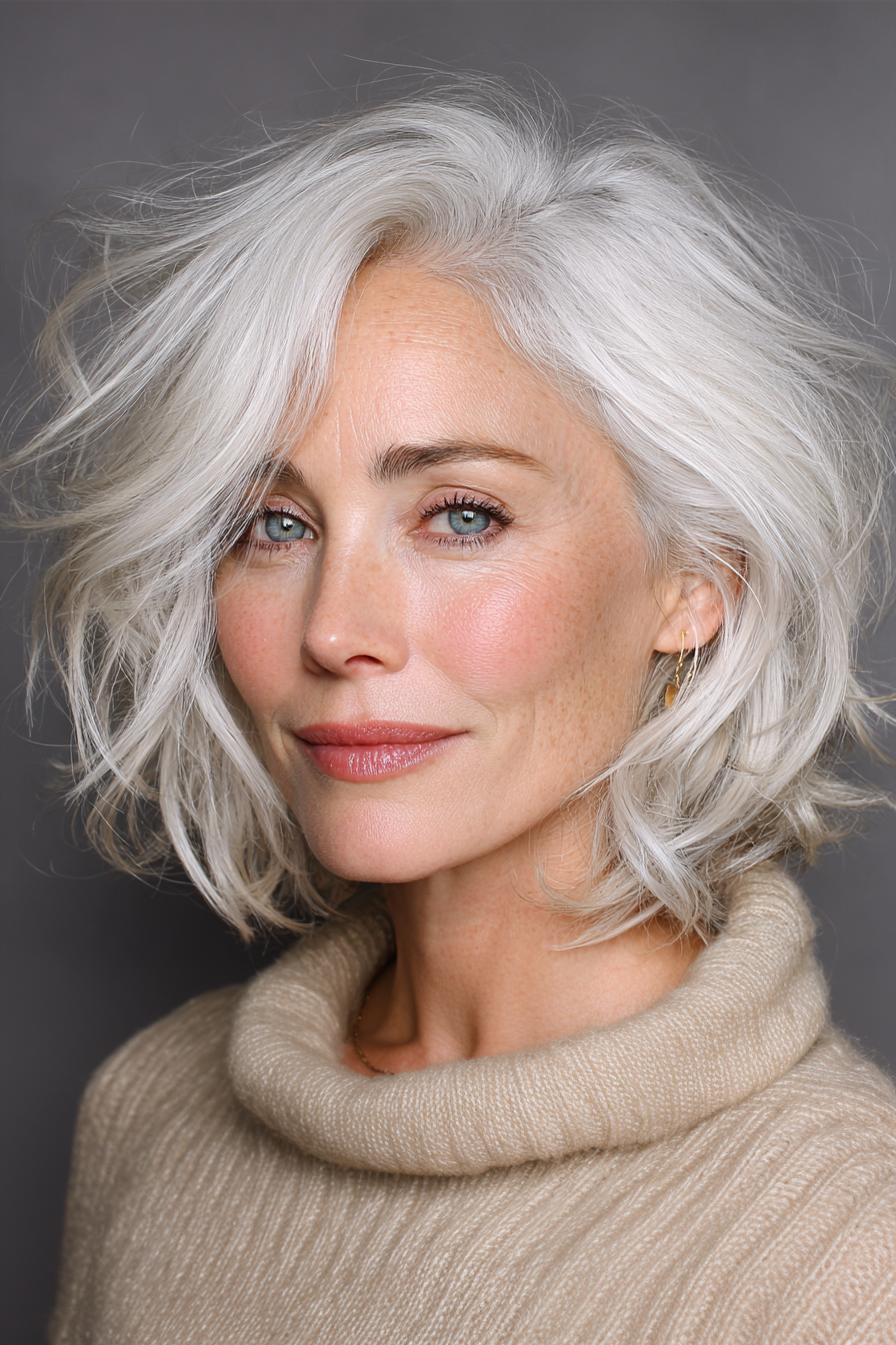 8. Icy White Wavy Lob (Kurzhaarfrisuren für Frauen über 50 mit dickem, gewelltem Haar) – Kurze Frisuren für Frauen über 50 mit dickem, gewelltem Haar