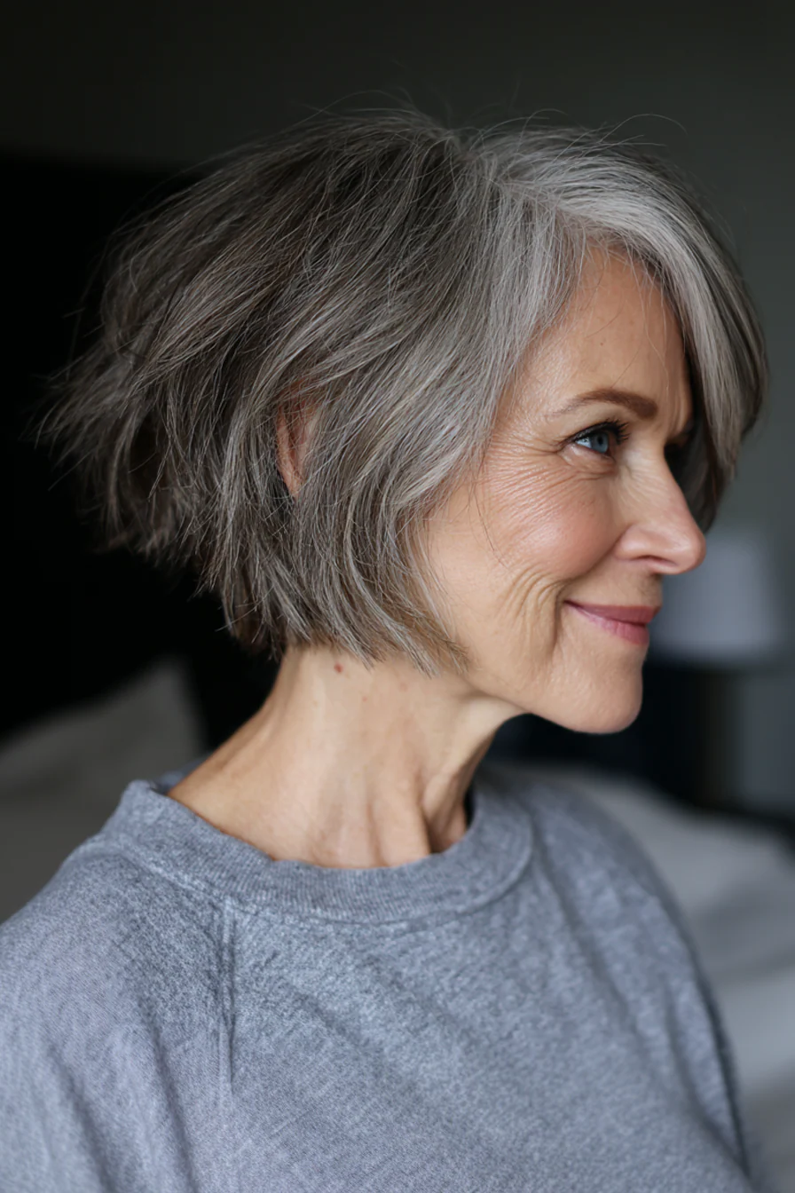 8. Geschichteter aschbrauner Bob (kürzere Frisuren für Frauen über 60) – Kürzere Frisuren für Frauen über 60