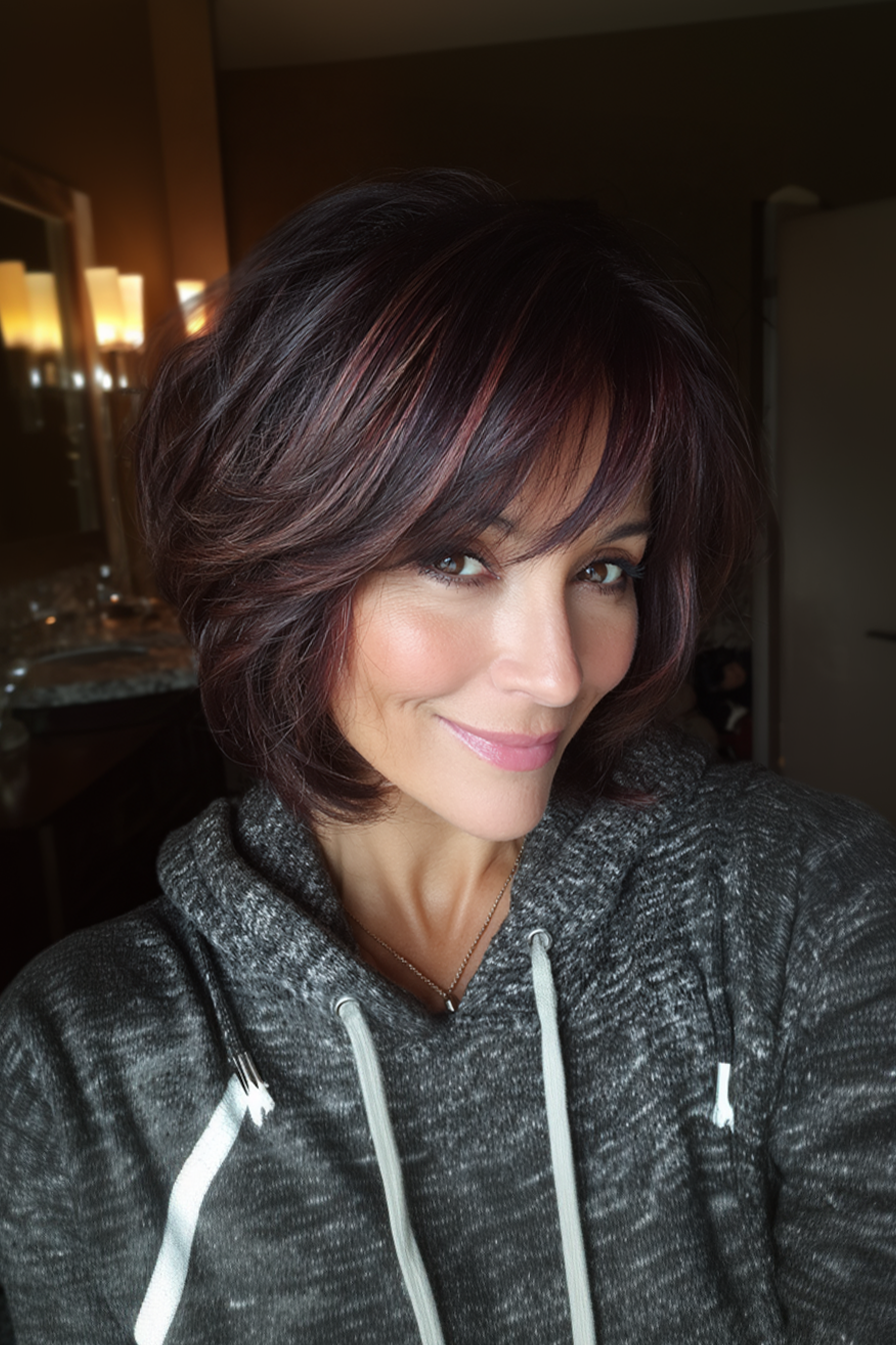 8. Layered Bob mit burgunderfarbenen Lowlights (geschichtete Bob -Frisuren für Frauen über 50) - Layered Bob Frisuren für Frauen über 50