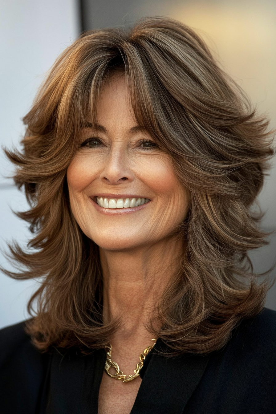 8. Layered Cocoa Shag mit voluminöser Krone (Shag -Frisuren für Frauen über 60) - Shag Frisuren für Frauen über 60