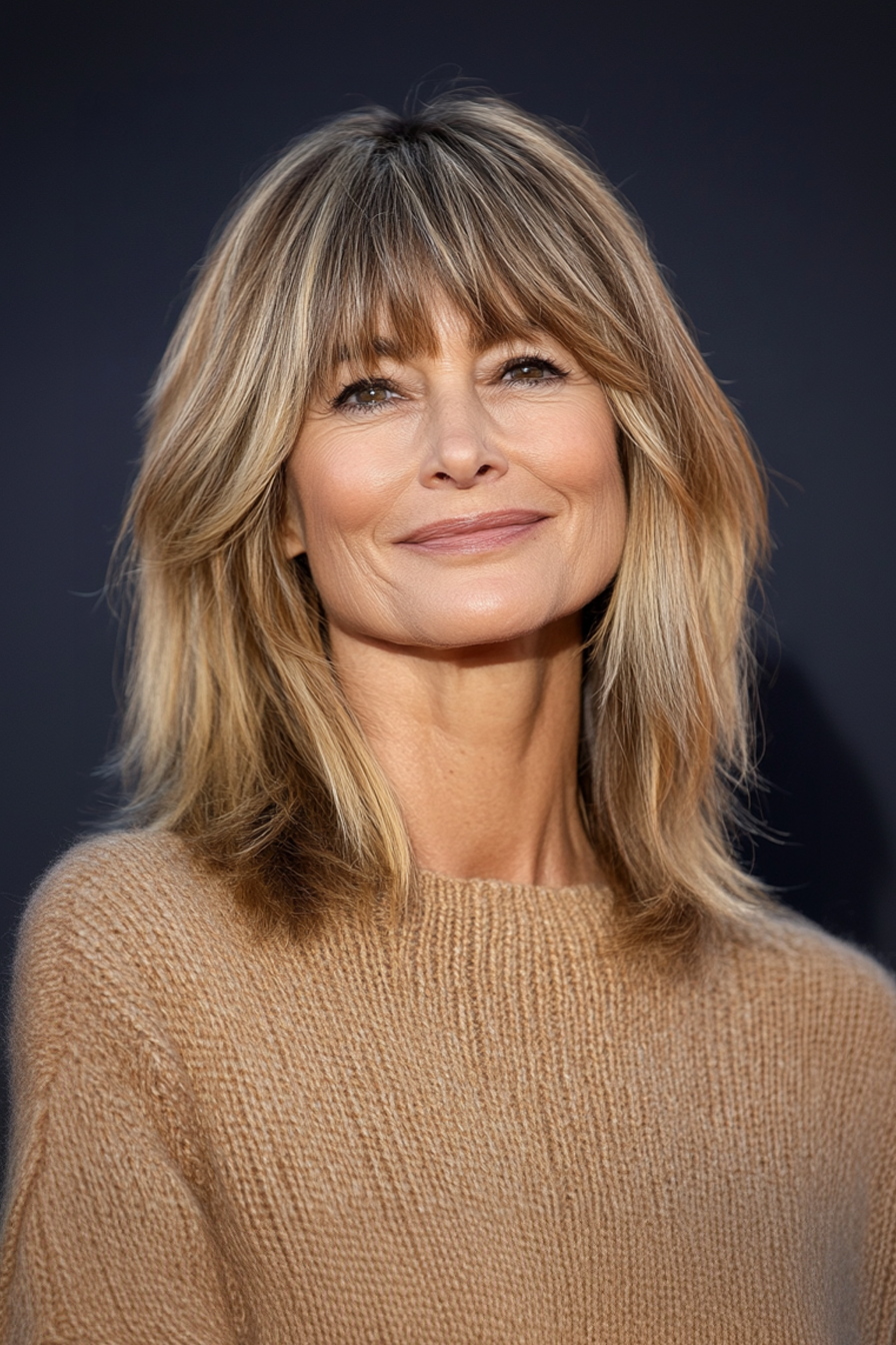 8. Midi Midi geschnitten mit Seitenrand in Honigkaramell (Haarschnitte für Frauen über 60 mit Pony) - Haarschnitte für Frauen über 60 mit Pony