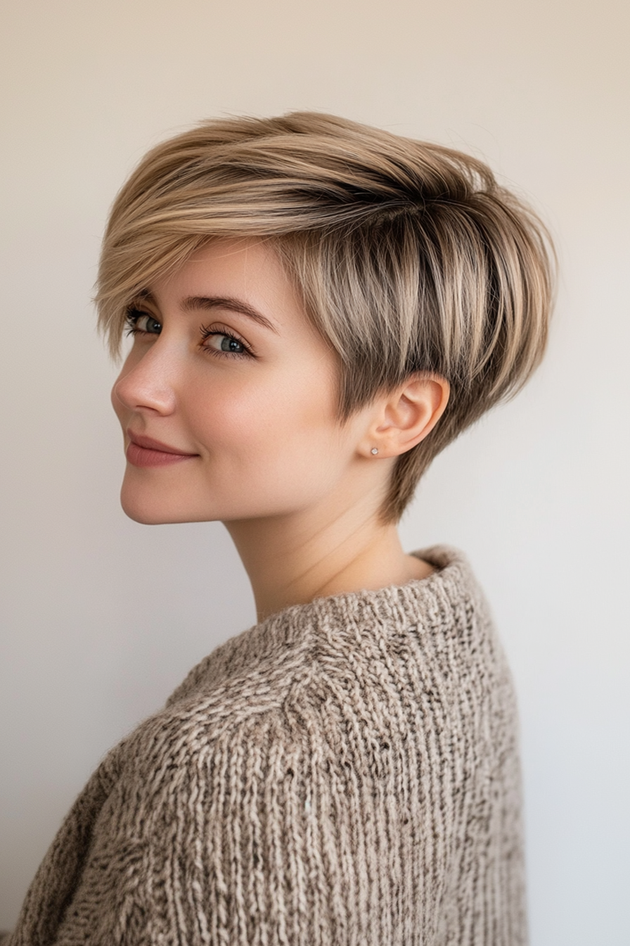 8. Schichtpixie mit Pilzblonde (geschichtete Haarschnitte für dünnes Haar) - geschichtete Haarschnitte zum Ausdünnen von Haaren