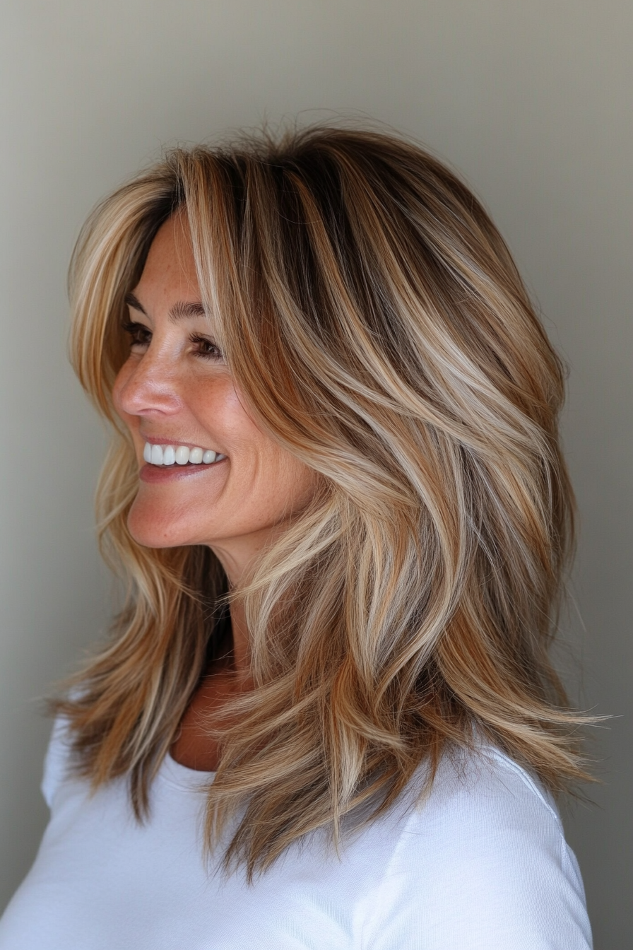 8. Layered Shag mit Highlights (Sommerhaartrends für Frauen über 40) - Sommerhaartrends für Frauen über 40