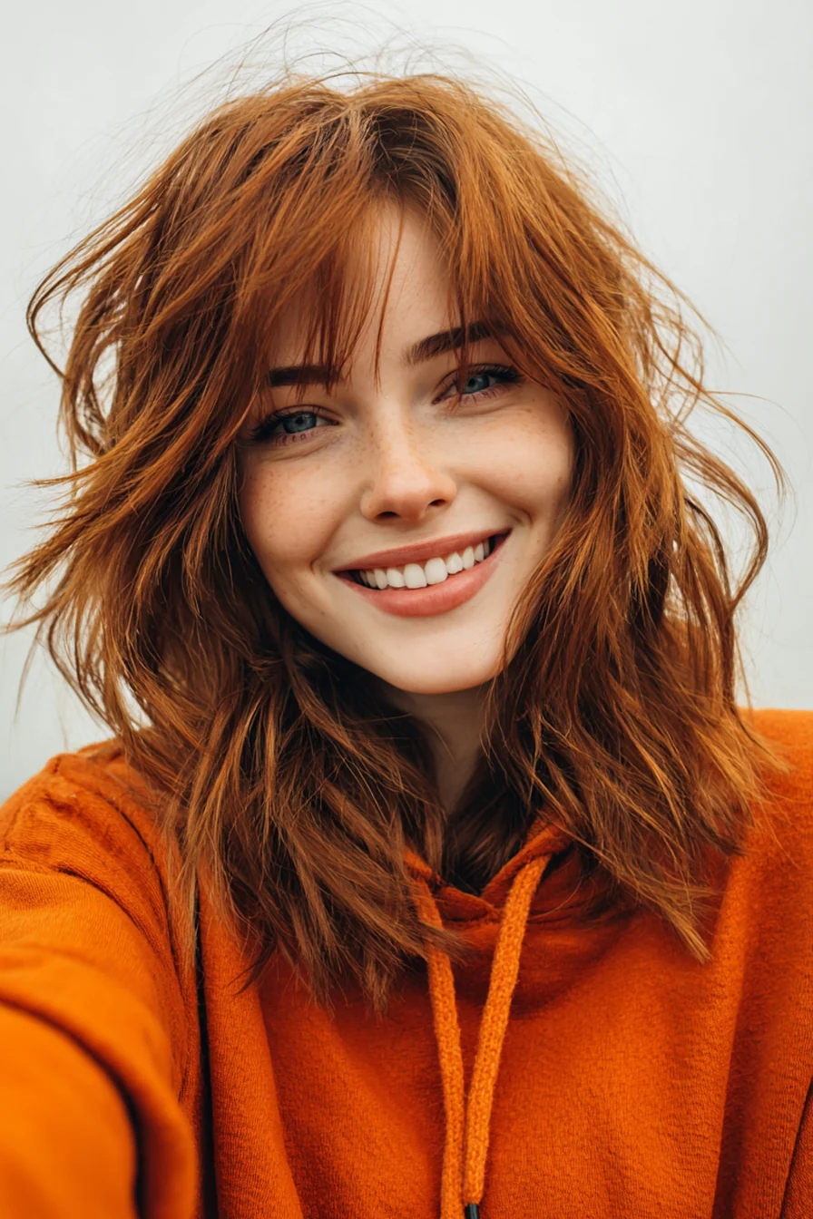 8. Layered Shaggy Lob in Warm Auburn (Lange Bob-Frisuren) – Lange Bob-Frisuren