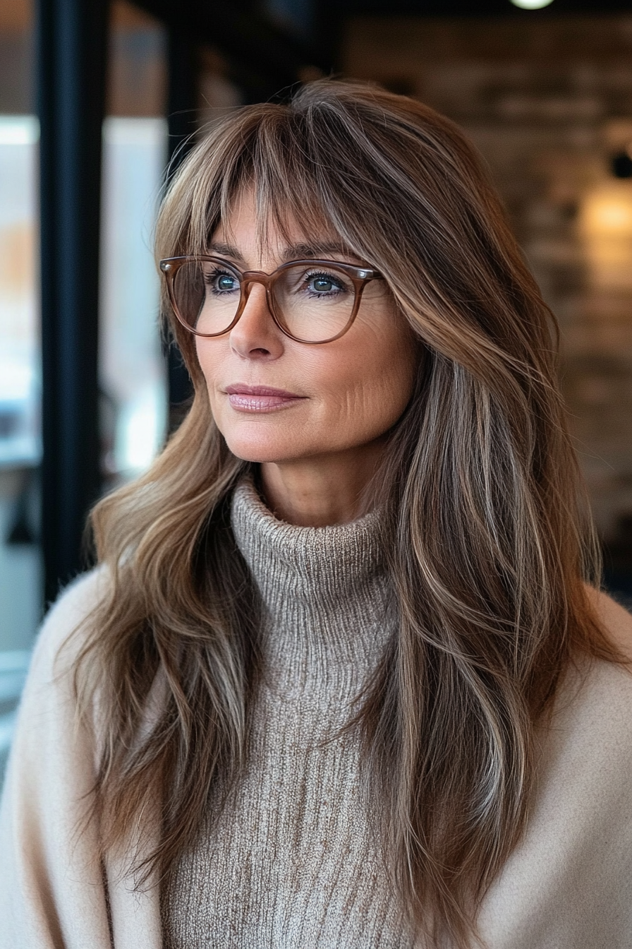 8. Hellbrauner Shag mit langen Vorhangfressen (lange Frisuren für Frauen über 60 mit Brillen) - lange Frisuren für Frauen über 60 mit Brille