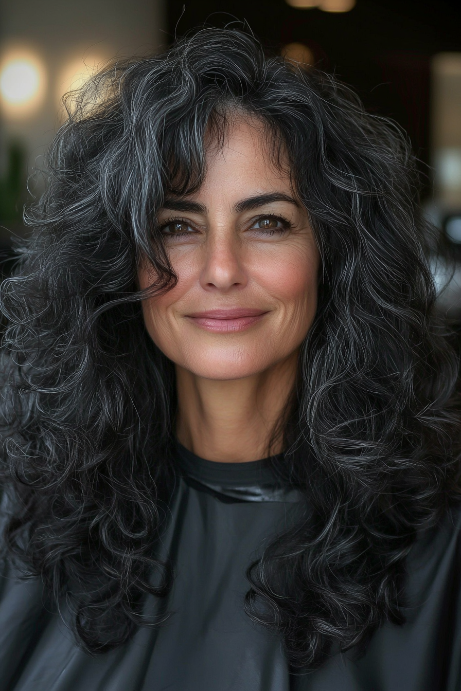 8. Lang definierte Locken in kühlem Schwarz (lockige Haarschnitte für ältere Frauen) - lockige Haarschnitte für ältere Frauen