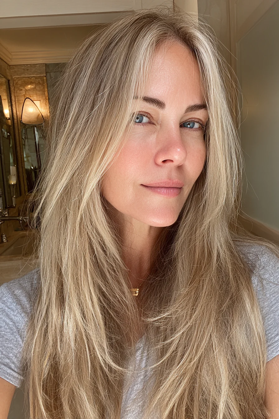 8. Lange, gerade, beige-blonde Schichten (Haarschnitte für Frauen über 50 mit glattem Haar) – Haarschnitte für Frauen über 50 mit glattem Haar