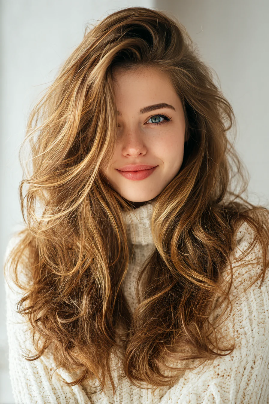 8. Langer U-Schnitt mit goldenen Highlights (Haarschnitte für dickes Haar) – Haarschnitte für dickes Haar