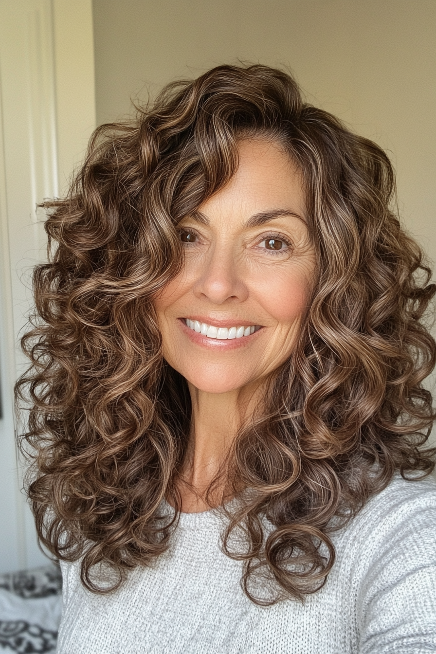 8. Mokka schulterlange Schichten mit Gesichtsrahmen (Haarschnitte für ältere Frauen mit lockigem Haar) - Haarschnitte für ältere Frauen mit lockigem Haar