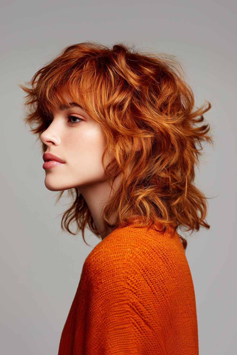 8. Moderner Shag in staubigem Kupfer (abgehackte, geschichtete Frisuren) - abgehackte, geschichtete Frisuren