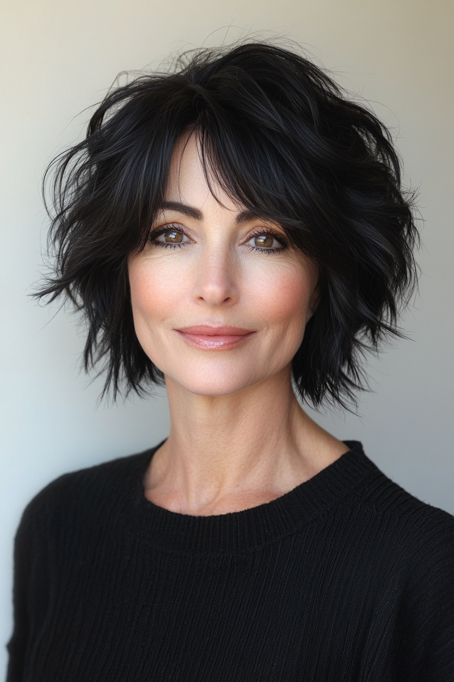 8. Moderner Shag in natürlicher Holzkohleschwarz (kurze Haarschnitte für ältere Frauen mit dickem Haar) - kurze Haarschnitte für ältere Frauen mit dickem Haar