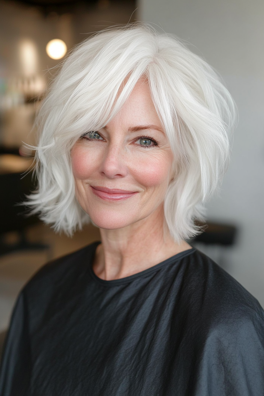 8. Moderner Shag mit reinen weißen Schichten (Frisuren für Frauen über 60 mit weißem Haar) - Frisuren für Frauen über 60 mit weißen Haaren