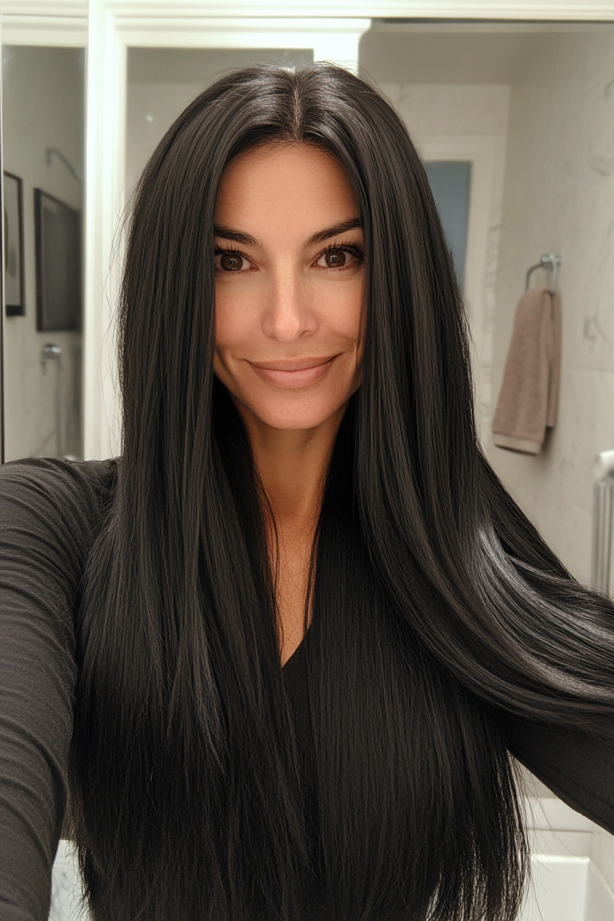 8. Natürliche schwarze stumpfe Enden (Frisuren für Frauen über 40 mit langen Haaren) - Frisuren für Frauen über 40 mit langen Haaren