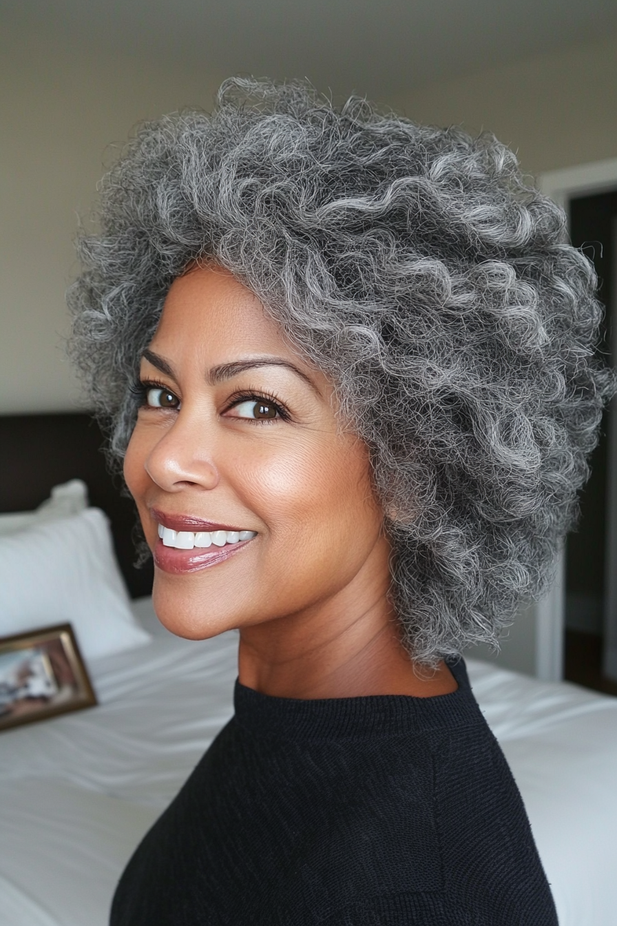 8. Natural Grey Layered Afro (Haarschnitt für lockiges Haar für Frauen über 50) - Haarschnitt für lockiges Haar für Frauen über 50