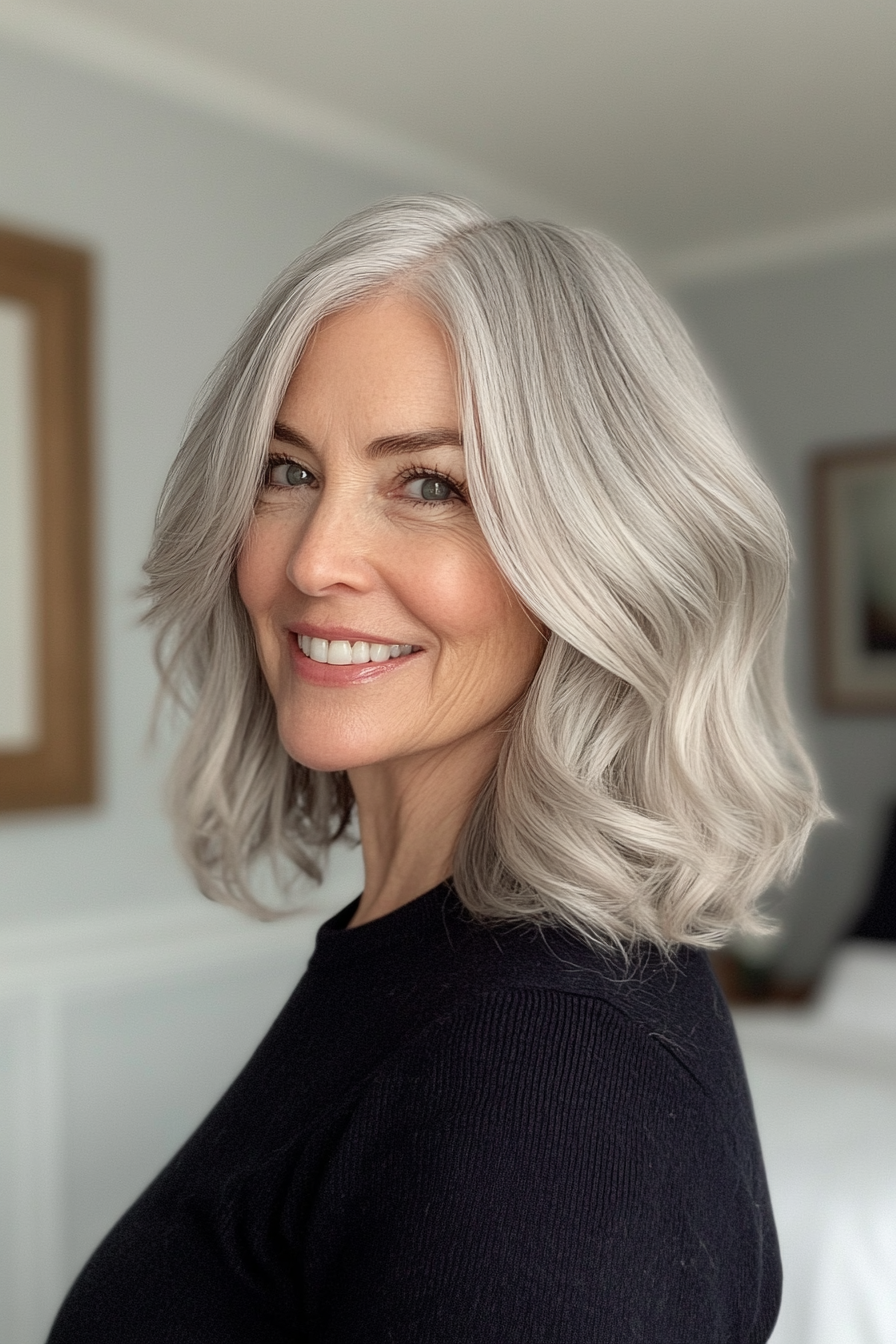 8. Perle Grey Stumpf geschnitten mit Seitenteil (stumpfen Haarschnitte für Frauen über 60) - Stumpfe Haarschnitte für Frauen über 60