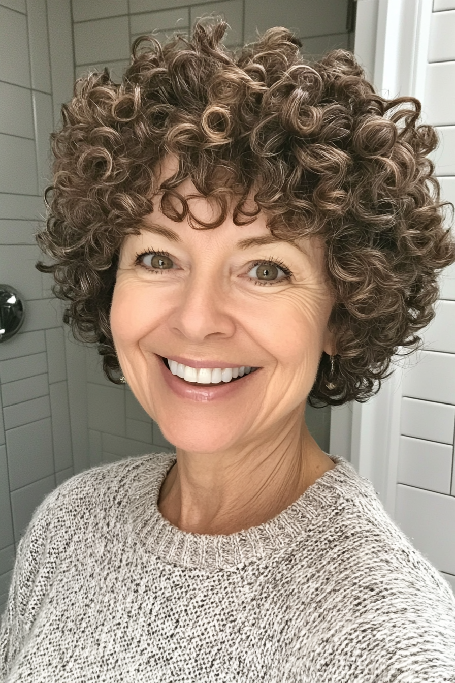 8. Pixie Curl Crop mit hellbraunem (Haarschnitten für Frauen über 50 mit lockigem Haar) - Haarschnitte für Frauen über 50 mit lockigem Haar