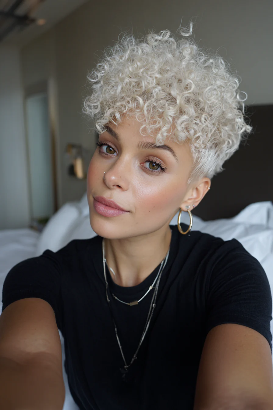 8. Platinum Curled Taper Pixie (kurze Lockenfrisuren) – Kurze Lockenfrisuren