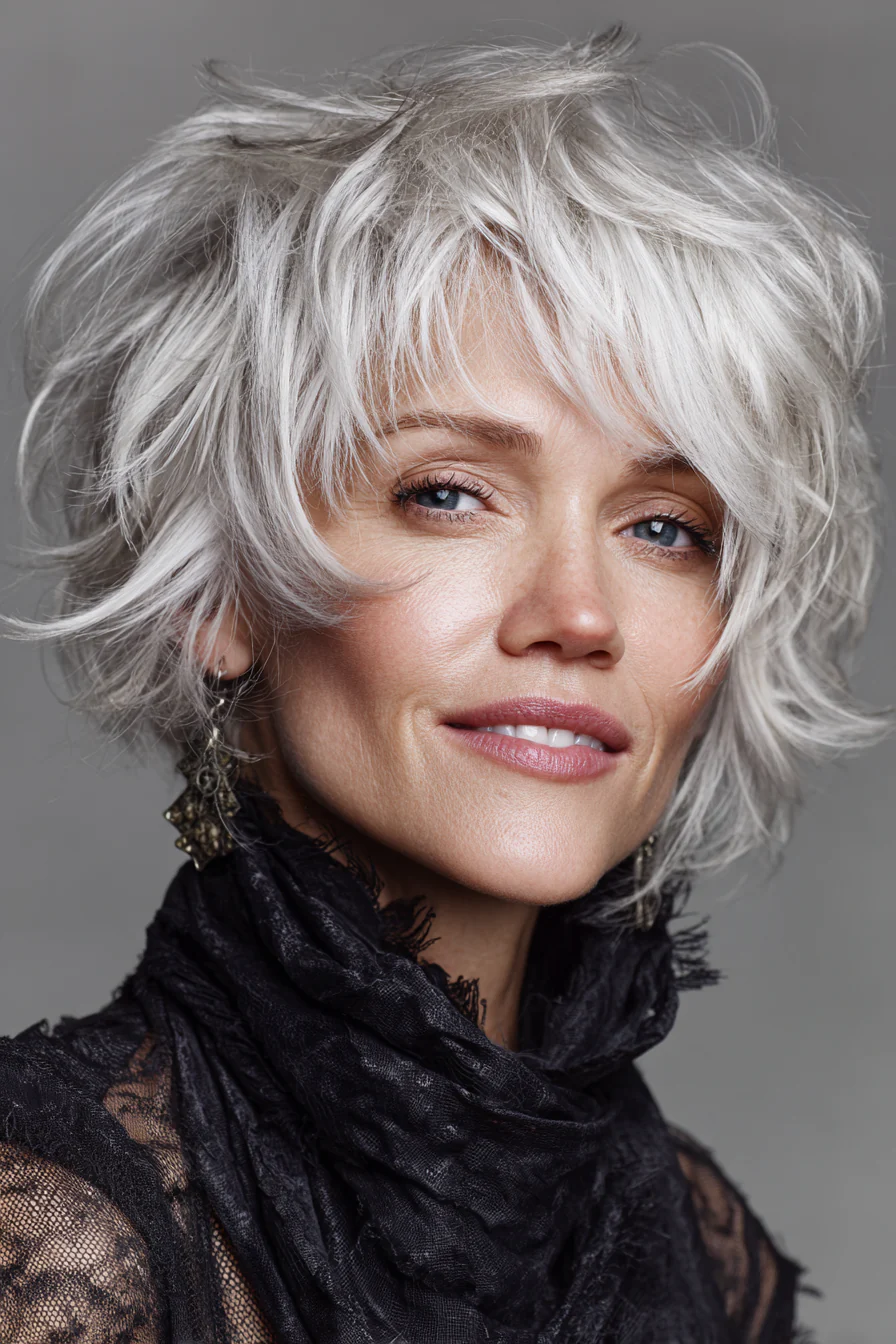 8. Platinum Shag mit langem Pony (Trendfrisuren für Frauen über 60) – Trendfrisuren für Frauen über 60