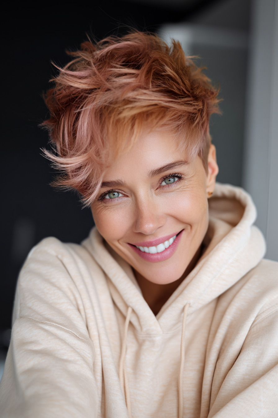 8. Rose Gold Layered Pixie (Sehr kurze Frisuren für Frauen über 40) – Sehr kurze Frisuren für Frauen über 40