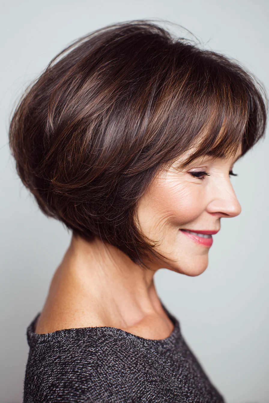 8. Abgerundeter, voluminöser Bob in Dunkelbraun (Bob-Frisuren für ältere Frauen) – Bob-Frisuren für ältere Frauen