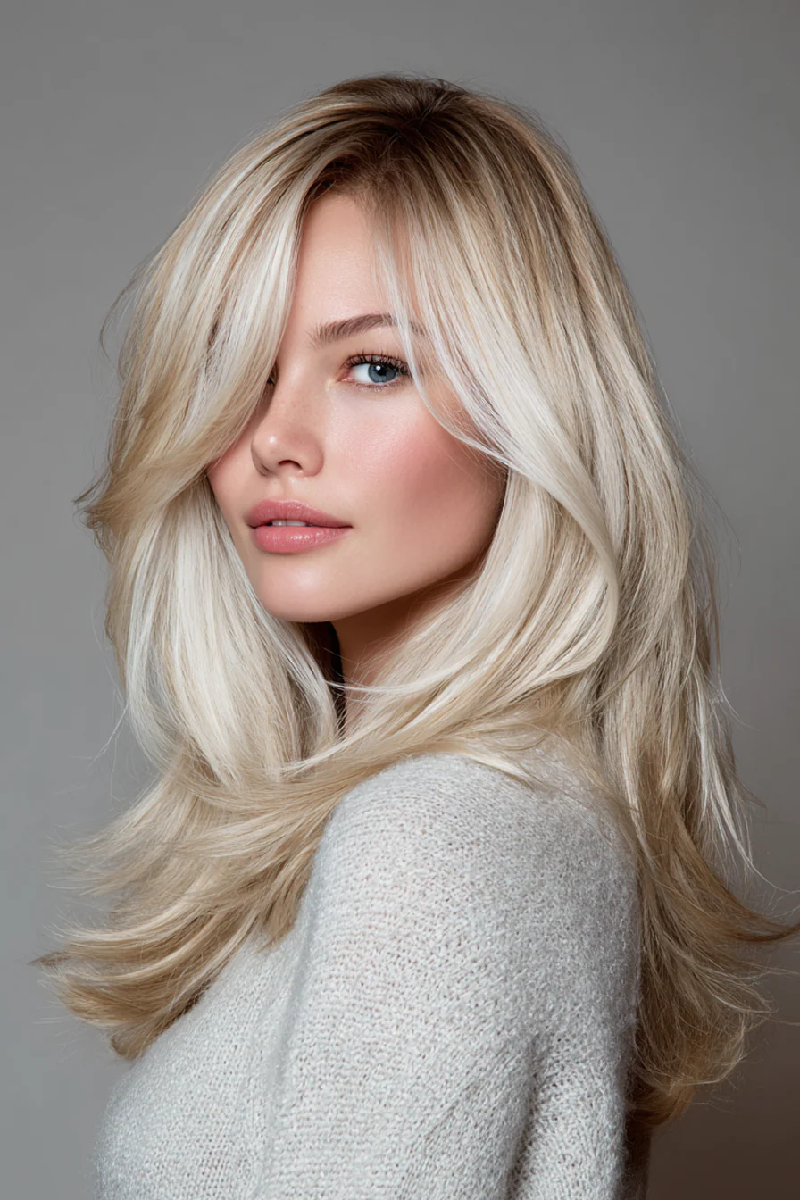 8. S-Kurven-Schichten mit eisblonden Babylights (lange Stufenhaarschnitte für Damen) – Lange Stufenhaarschnitte für Damen