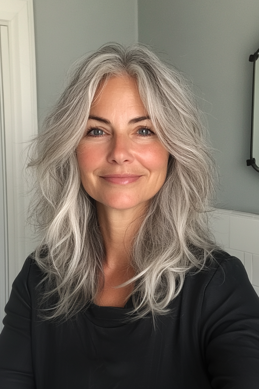 8. Salz-Piepper-Shag-Shag (zottelige Frisuren für Frauen über 50)-Shaggy-Geschichtfrisuren für Frauen über 50