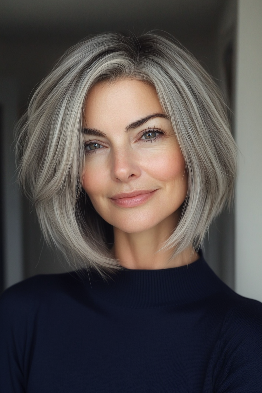 8. Salz- und Pfeffer -Chic Stack (kurze Haarschnitte für Frauen über 50) - kurze Haarschnitte für Frauen über 50