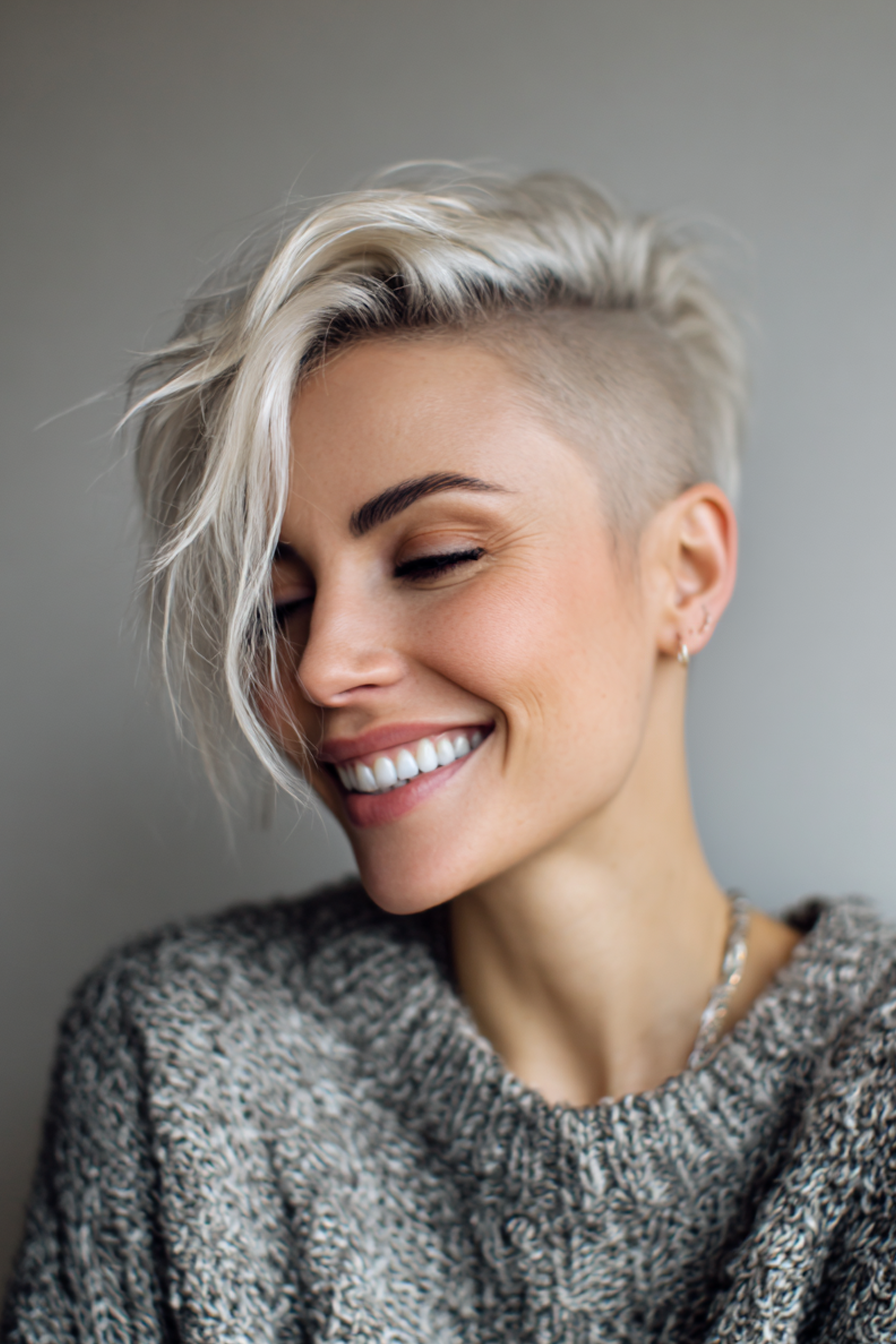 8. Rasierte Seitenpixie mit eisigem blonden Oberteil (kantige Frisuren für Frauen über 40) - kantige Frisuren für Frauen über 40