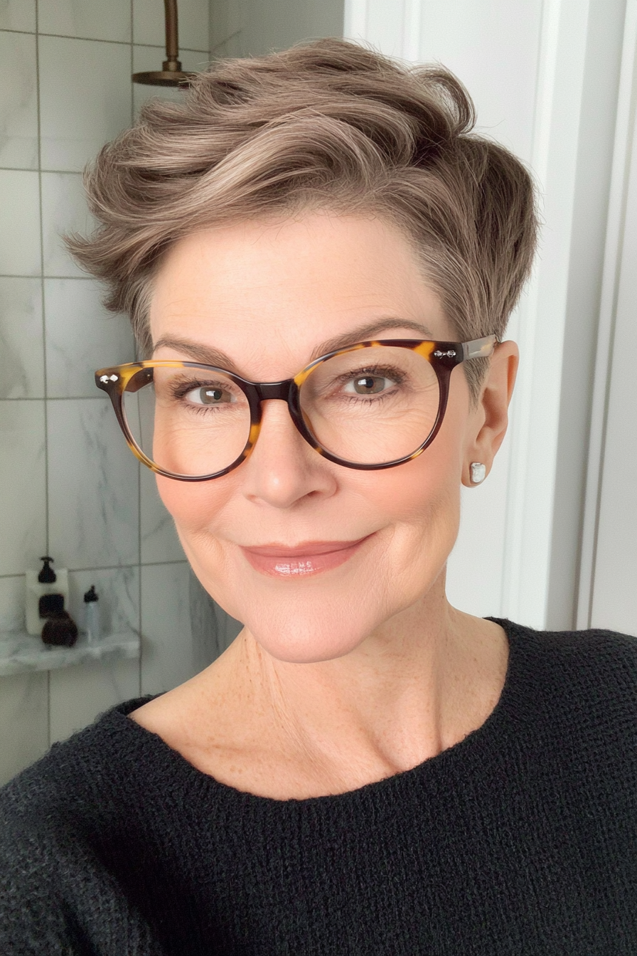 8. Kurzer aschbrauner Pixie mit Volumenkrone (Pixie-Haarschnitte für Frauen über 60 mit Brille) – Pixie-Haarschnitte für Frauen über 60 mit Brille