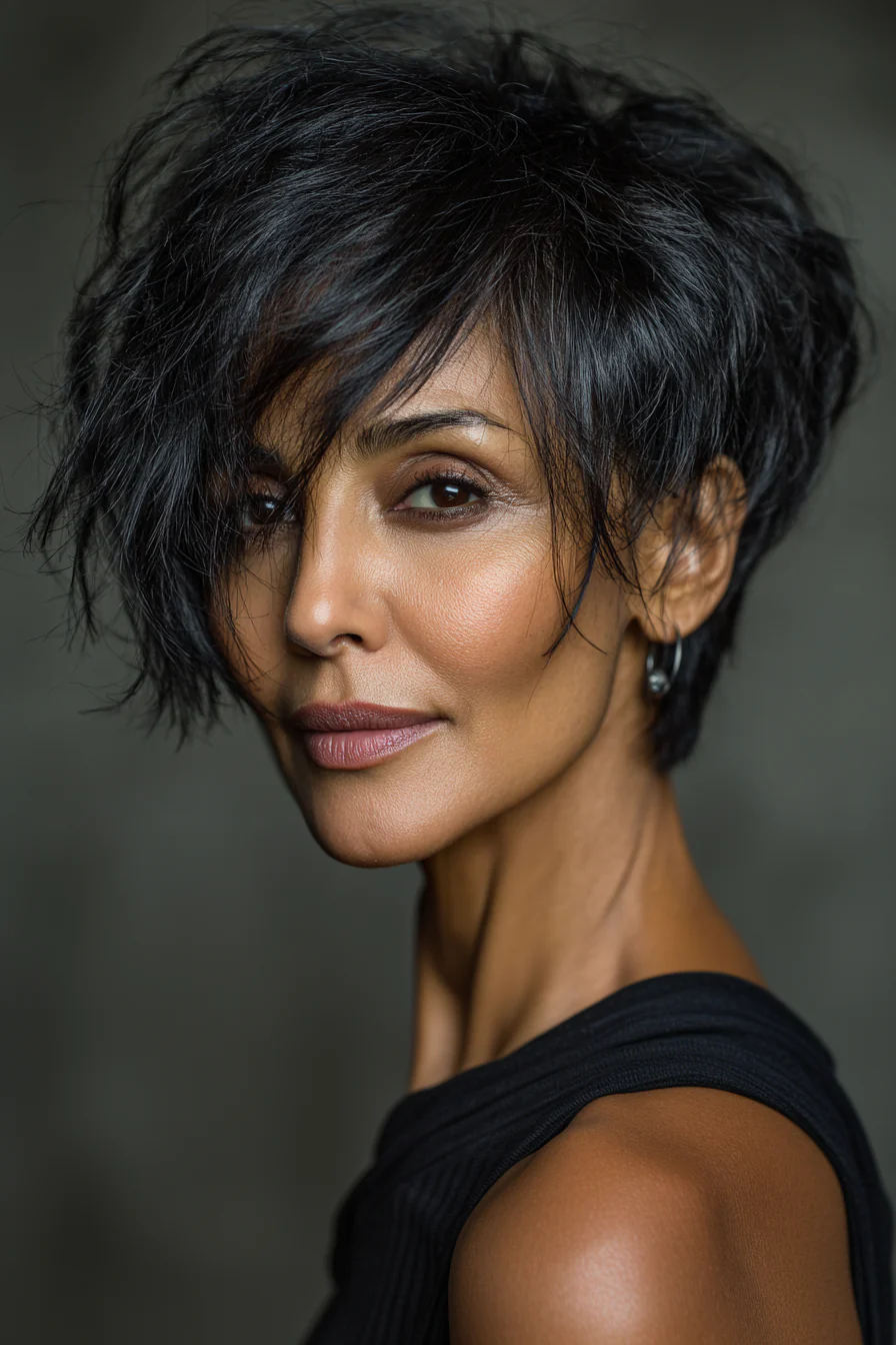 8. Kurzer Shag mit abgehackten Schichten – Naturschwarz (kurze Frisuren für ältere Frauen mit dickem Haar) – Kurze Frisuren für ältere Frauen mit dickem Haar