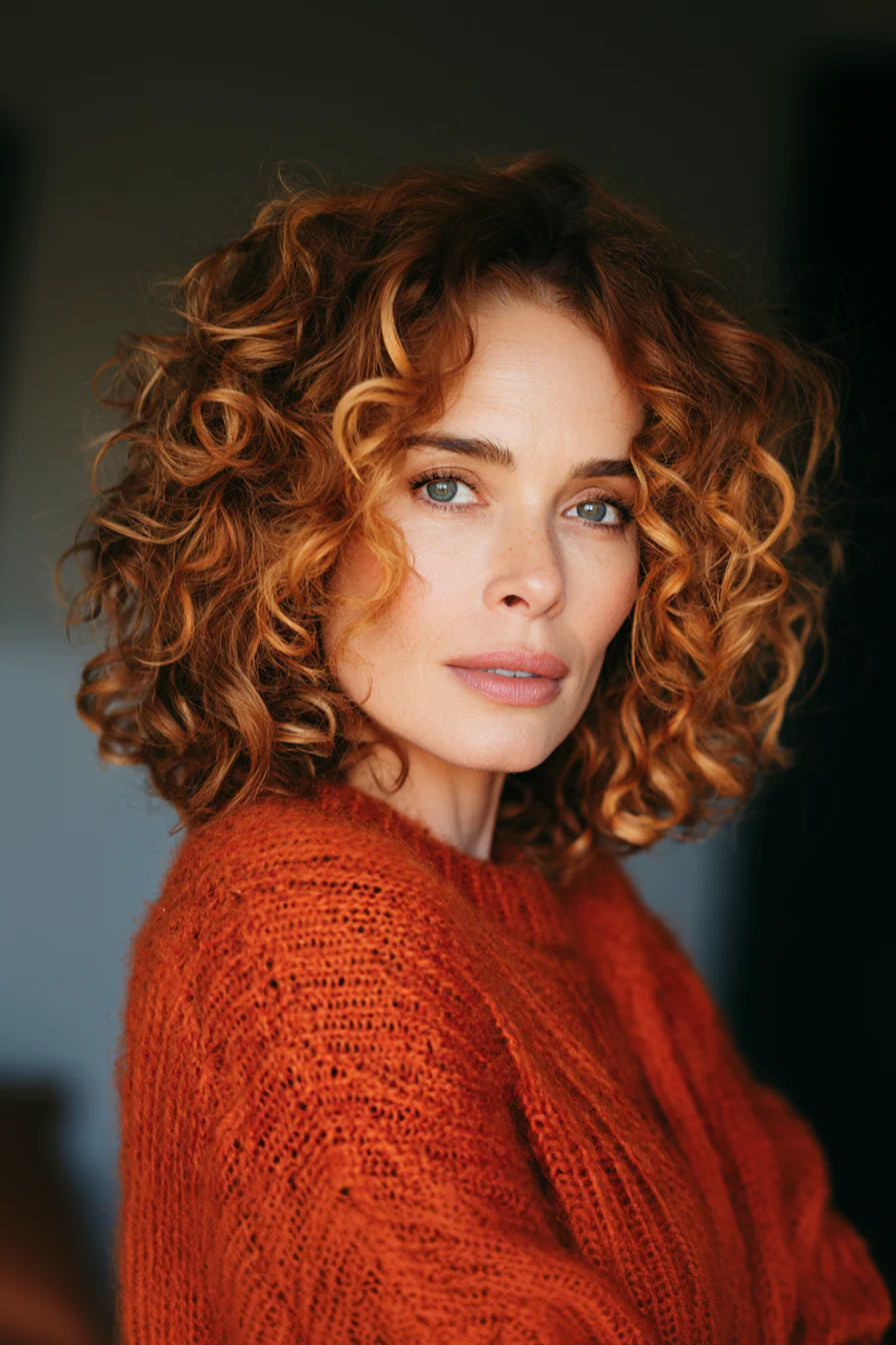 8. Schulterlanger lockiger Schnitt mit Auburn Balayage (mittellange lockige Haarschnitte für Frauen über 40) – mittellange lockige Haarschnitte für Frauen über 40