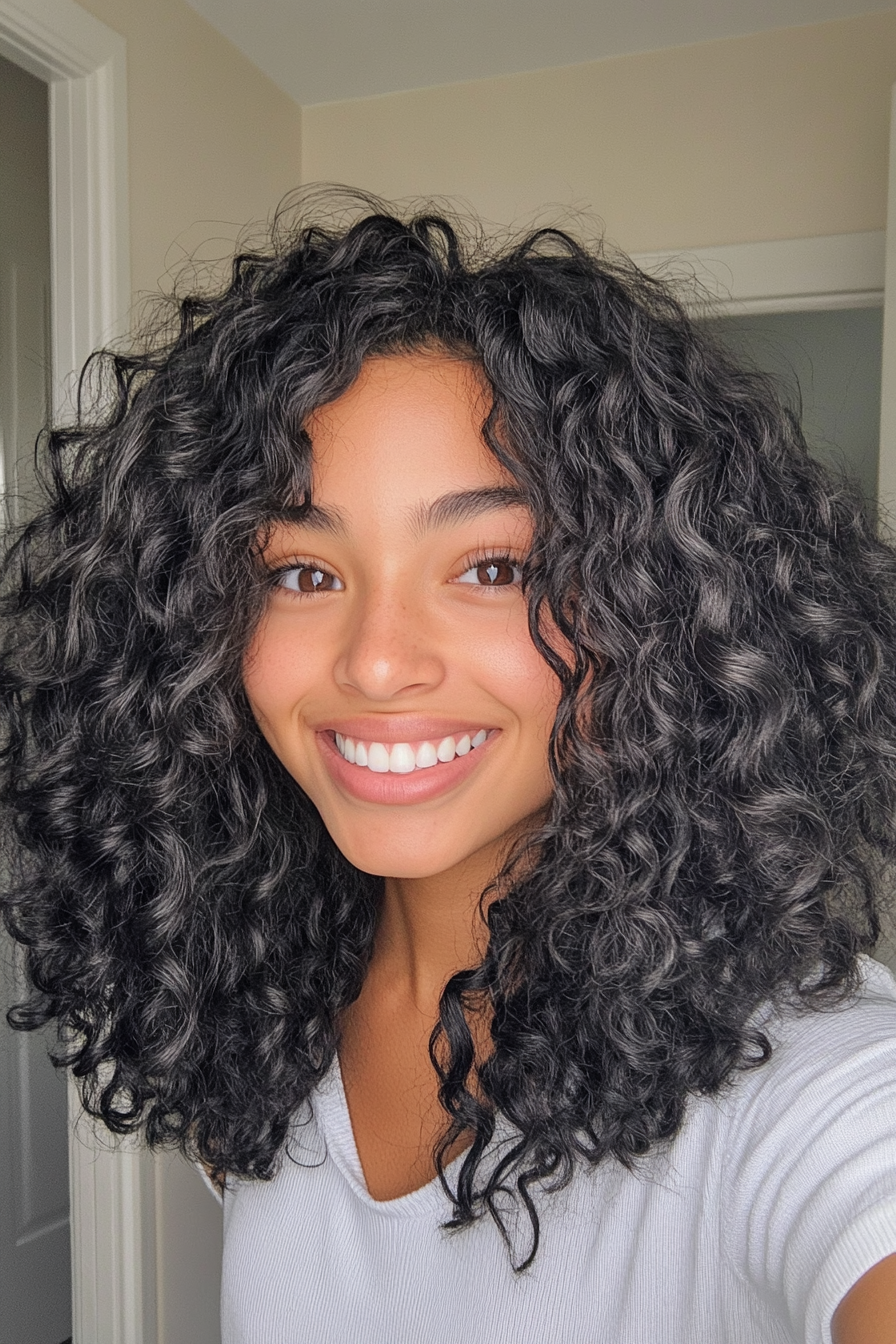 8. schulterlanger lockiger Schnitt mit natürlichen Schwarz (mittlere Haarschnitte für krauses Haar) - mittelgroße Haarschnitte für krauses Haar