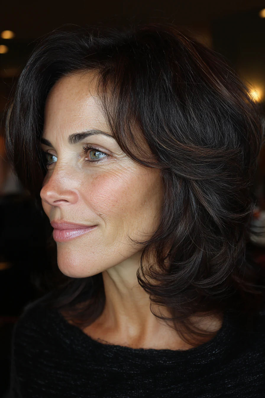 8. Schulterlange Stufen mit Schwarz-Braun-Mischung (Haarschnitte für Frauen über 50 mit dunklem Haar) – Haarschnitte für Frauen über 50 mit dunklem Haar