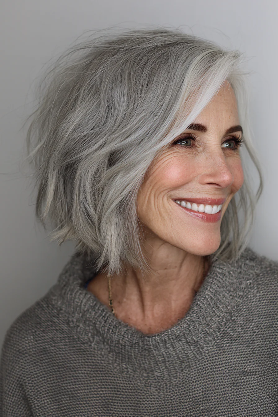 8. Schulterlanger Shaggy Lob in Rauchgrau (Shaggy Bob-Haarschnitte für Frauen über 50) – Shaggy Bob-Haarschnitte für Frauen über 50